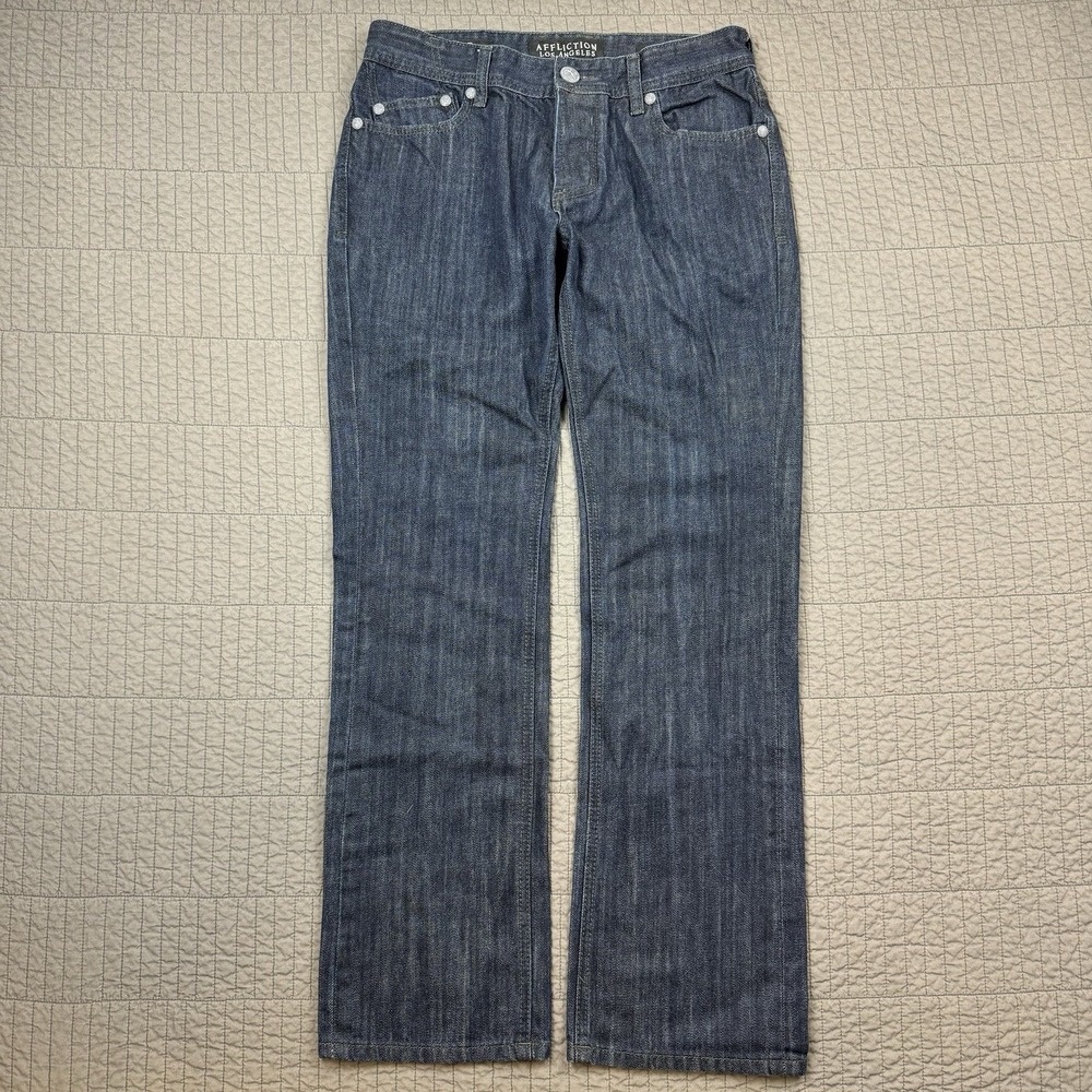 Affliction Jeans Men 32x32 Blue Ace‎ Slim Straight Button Fly Dark Wash Denim